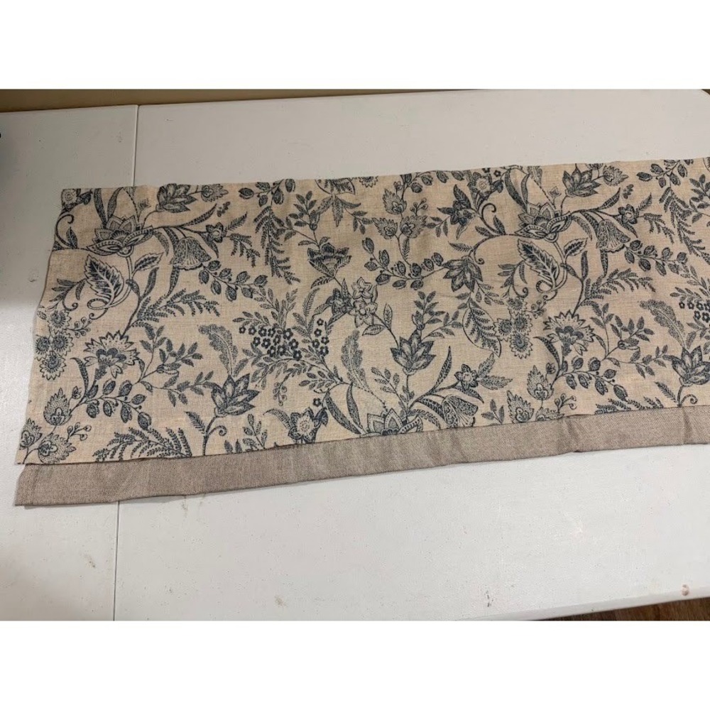 Blue Floral Toile Linen Blend Window Valance Farmhouse 50x18 Natural Beige